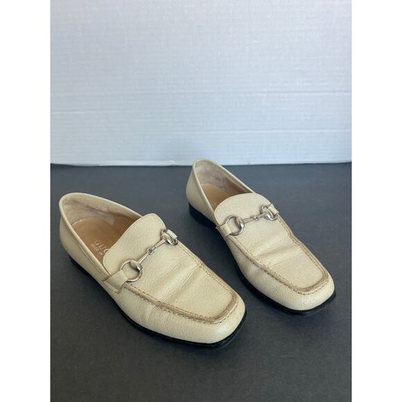 Vintage Gucci Cream Horsebit Pebble Leather Slip On Flat Loafer Driving Shoes 6B - Picture 2 of 11